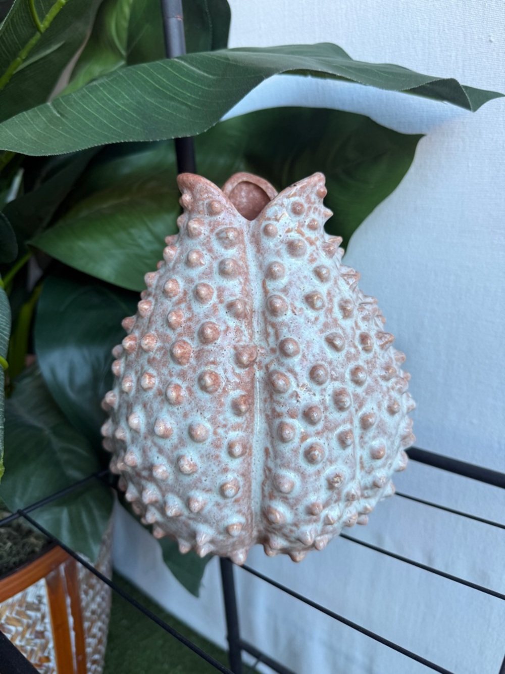 Uniquely Shaped Textured Ceramic Bud Vase in Speckled White and Terra Cotta